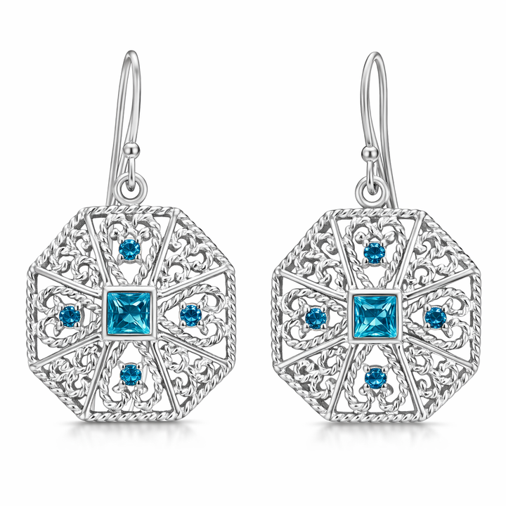 Sterling Silver Blue Topaz Filigree Earrings – 5 mm Center Stone with 2 mm Accents – 1 Inch Round Vintage Style Dangle Earrings
