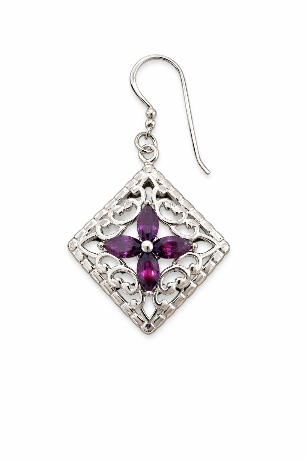 Sterling Silver Amethyst Filigree Drop Earrings – 1.75 TCW – Four 3x5mm Marquise Stones – 1 Inch Dangle – Vintage Style February Birthstone Jewelry