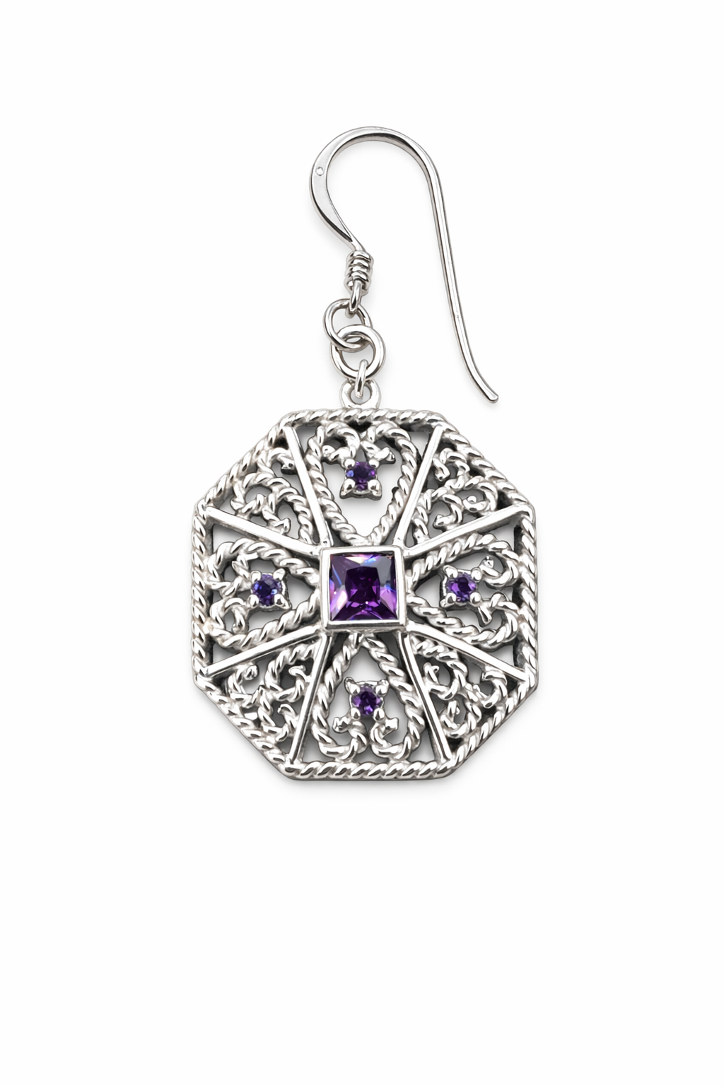 Sterling Silver Amethyst Filigree Drop Earrings – 6mm Square Center Stone with Accent Stones – 1 Inch Dangle – Vintage Style February Birthstone Jewelry