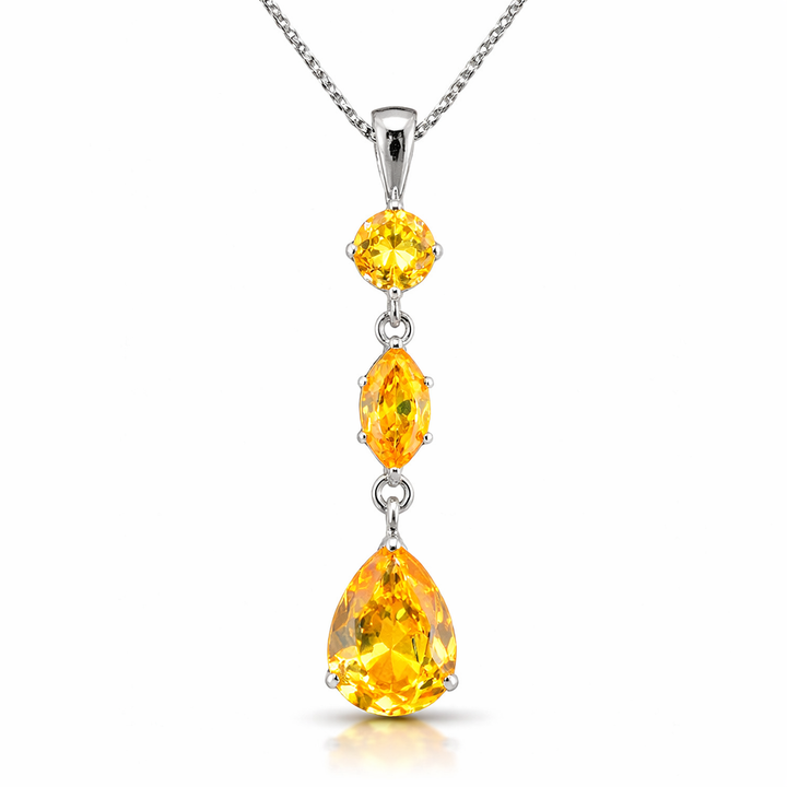 Sterling Silver Citrine Drop Pendant Necklace – 2.95 CTW – 5mm Round, 5x8.5mm Marquise & 11x7mm Pear Cut – 1.5 Inch Dangle – Elegant Gemstone Necklace