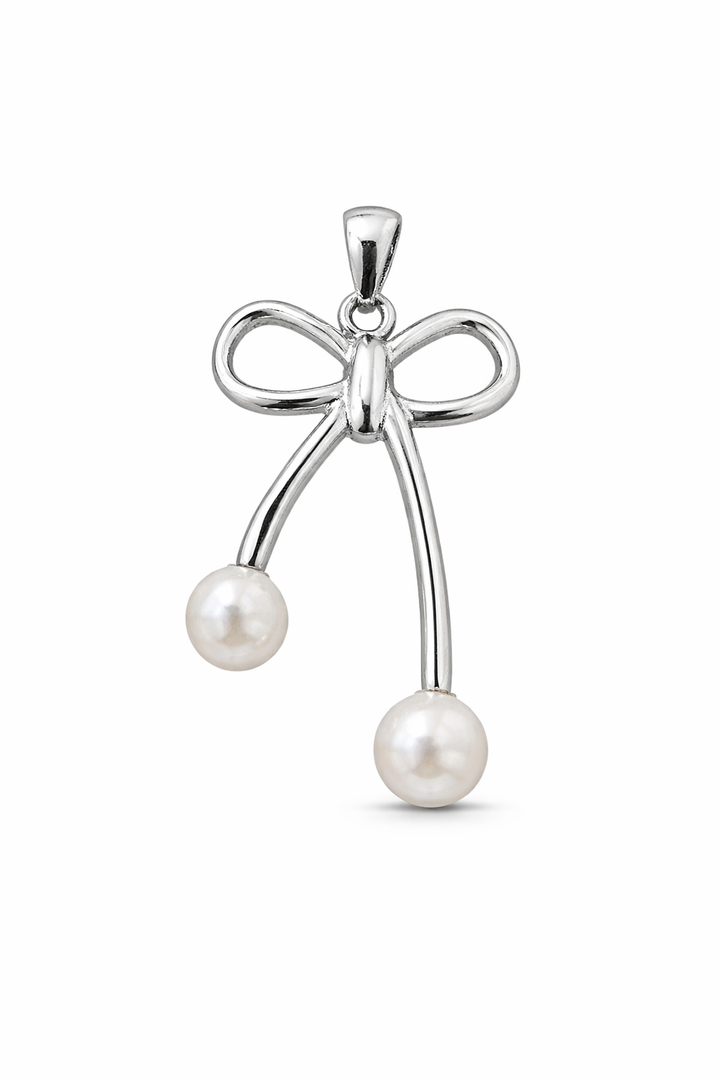 Sterling Silver Bow Drop Pendant – 6.5mm Simulated Pearl Dangles – 1.4 Inch Drop – Elegant Ribbon Style Necklace Pendant