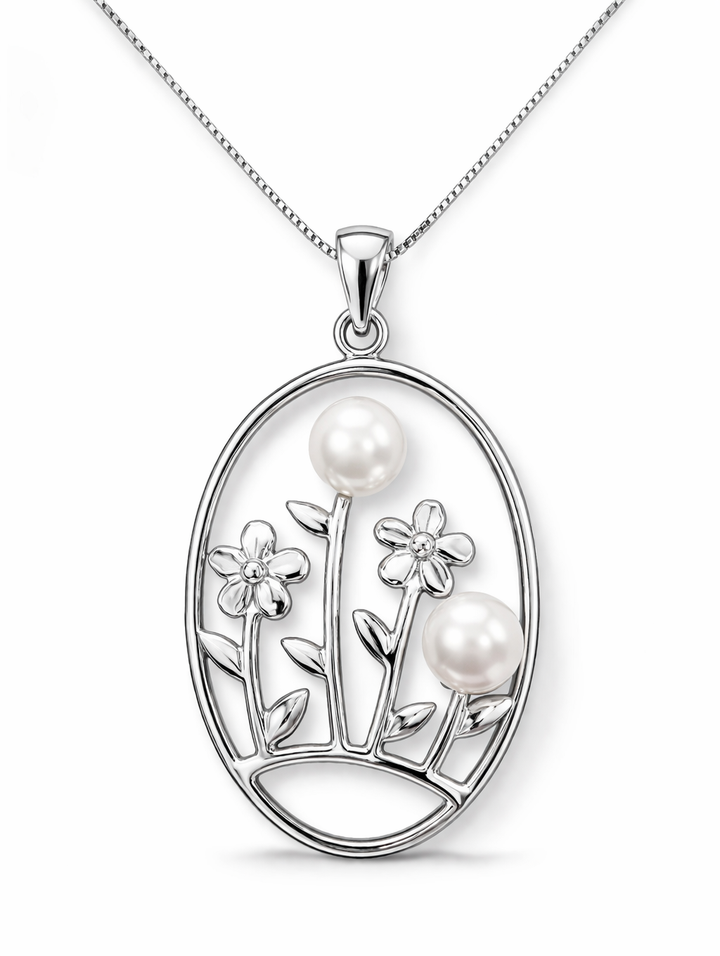 Sterling Silver Floral Pearl Pendant Necklace – Two 6mm Simulated Pearls – 1.7 Inch Drop – 16" Box Chain Included