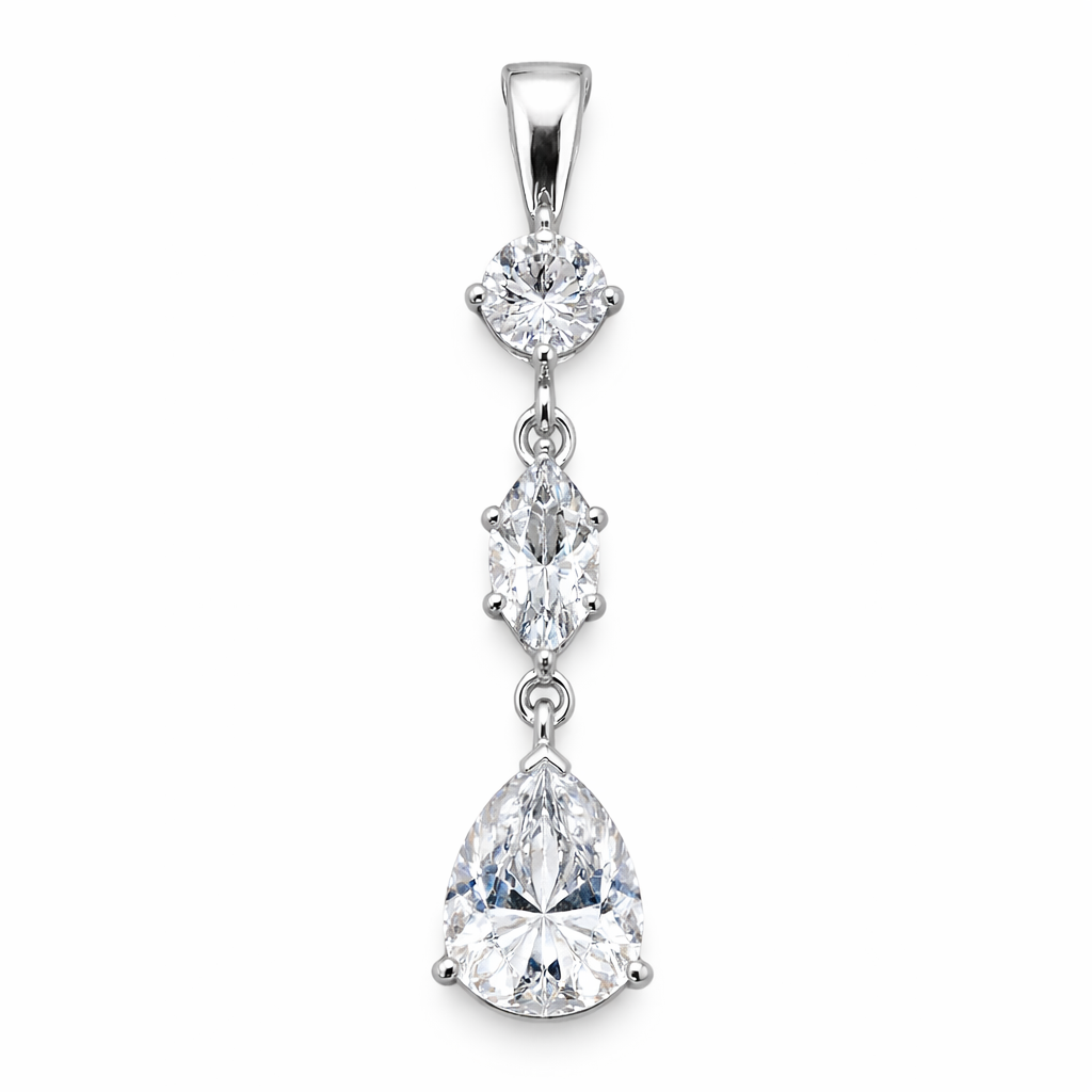 Crystal Pendant Necklace Sterling Silver – 1.5" Drop with Round, Marquise & Pear Crystal Stones on 16" Box Chain