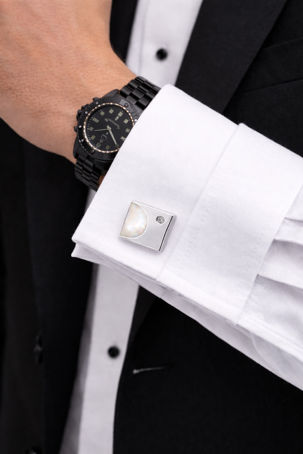 Sterling Silver Mother of Pearl Half-Moon Cufflinks – 0.50 Inch