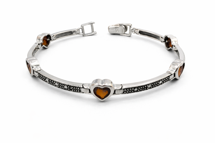 7 1/2 Inch Garnet & Marcasite Heart Sterling Silver Bracelet – Vintage Style Gemstone Bracelet