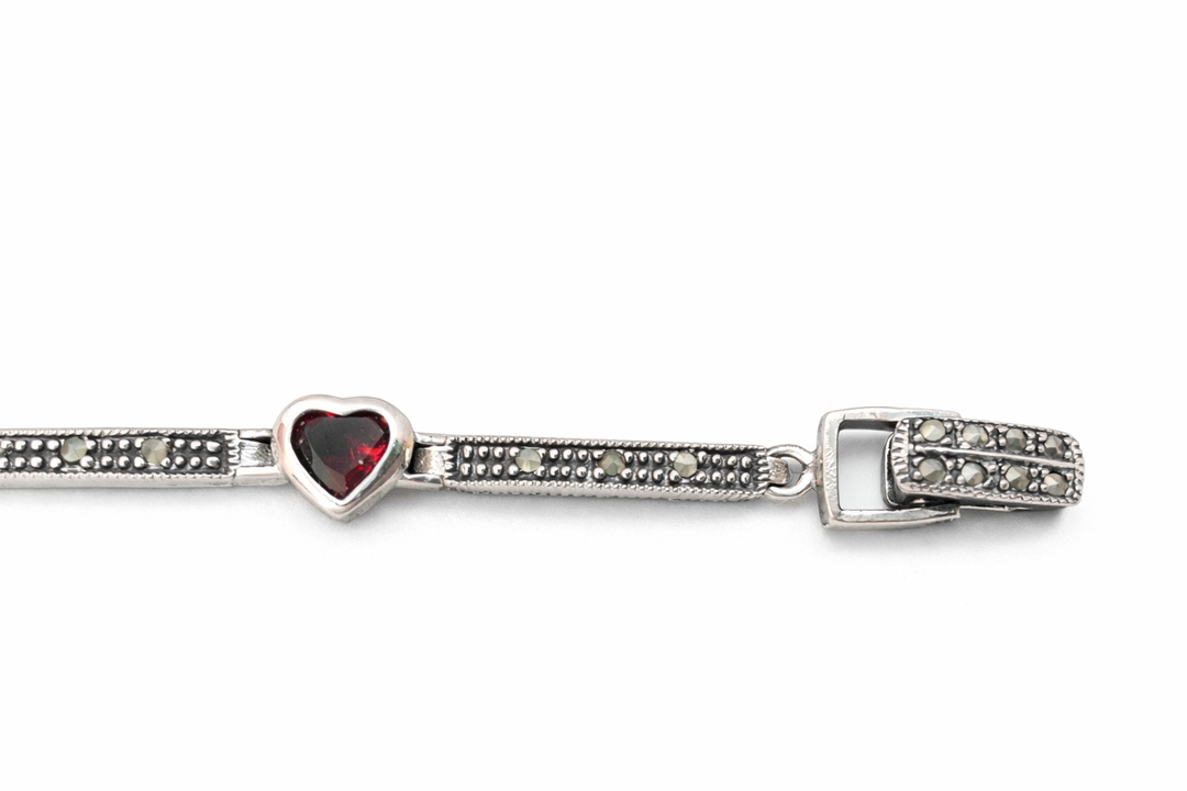 7 1/2 Inch Garnet & Marcasite Heart Sterling Silver Bracelet – Vintage Style Gemstone Bracelet