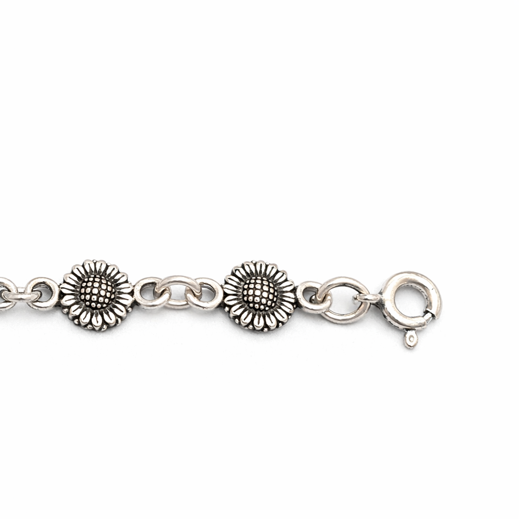7 1/2 Inch Sterling Silver Sunflower Link Bracelet – Vintage Style Floral Bracelet