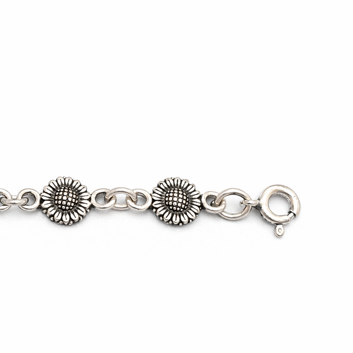 7 1/2 Inch Sterling Silver Sunflower Link Bracelet – Vintage Style Floral Bracelet