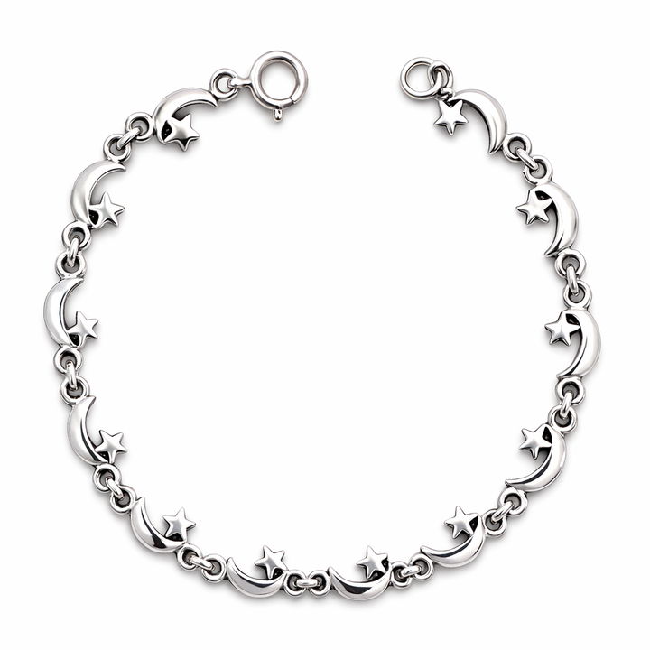 Sterling Silver Crescent Moon and Star Link Bracelet – Celestial Charm Bracelet – 7 1/4 Inch Dainty Moon & Star Jewelry