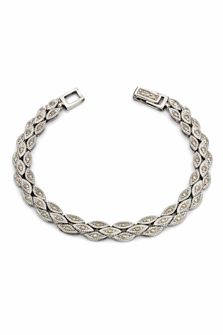 Sterling Silver Double Row Marcasite Marquise Link Bracelet – 7 3/4 Inch Vintage Style Bracelet