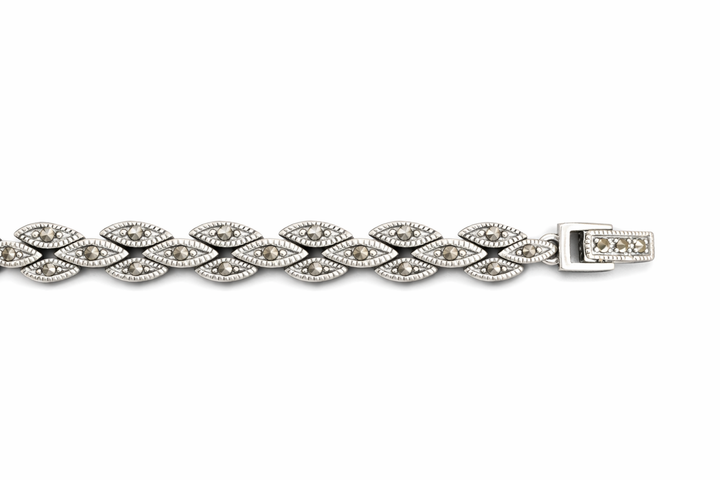 Sterling Silver Double Row Marcasite Marquise Link Bracelet – 7 3/4 Inch Vintage Style Bracelet