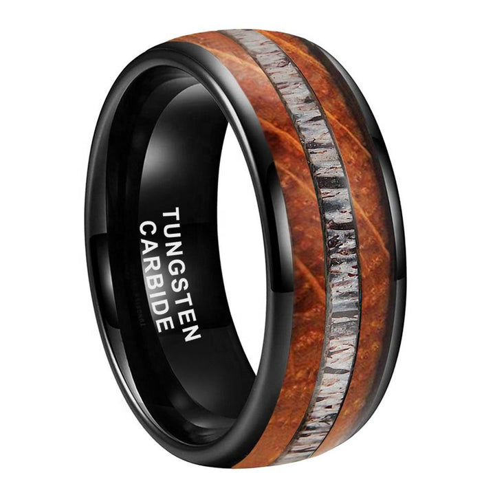 Black Tungsten Whisky Wood Deer Antler Inlay Ring