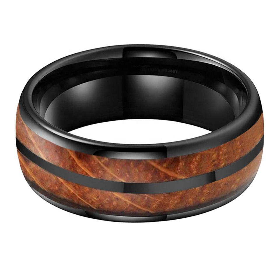 Tungsten Whisky Barrel Wood Inlay Black Ring