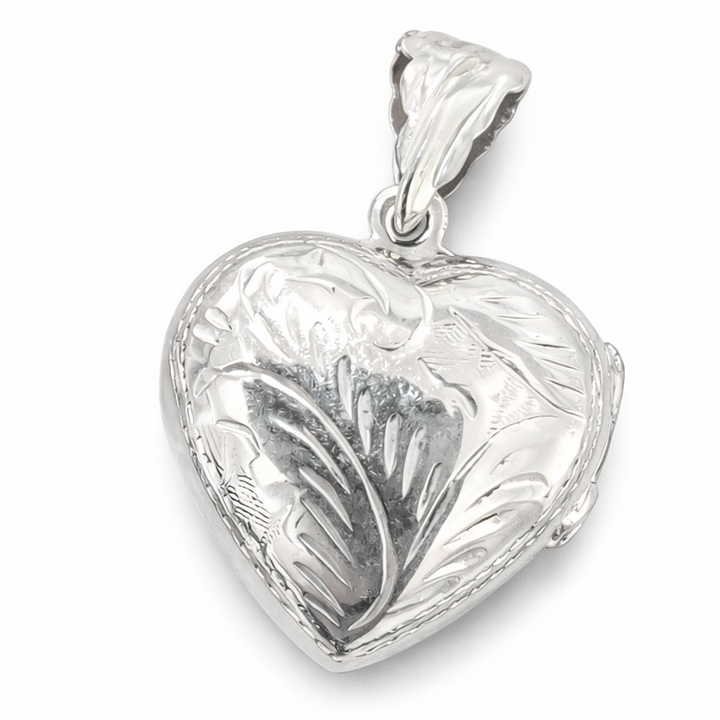 Vintage Sterling Silver Heart Locket Pendant 1.25" with Bail – Engraved Floral Design Photo Locket Necklace Charm 925 Silver Jewelry Gift