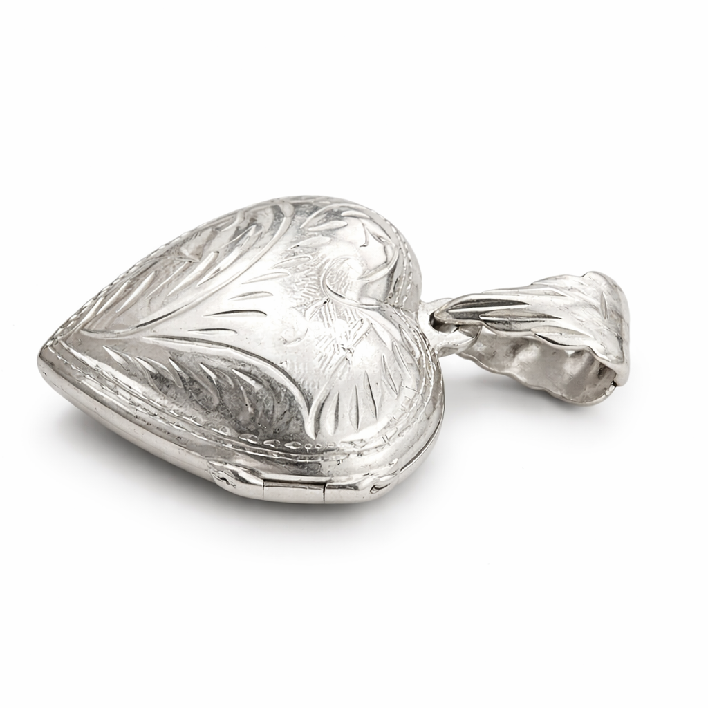 Vintage Sterling Silver Heart Locket Pendant 1.25" with Bail – Engraved Floral Design Photo Locket Necklace Charm 925 Silver Jewelry Gift