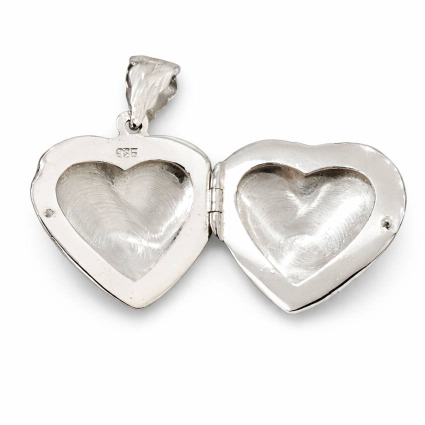 Vintage Sterling Silver Heart Locket Pendant 1.25" with Bail – Engraved Floral Design Photo Locket Necklace Charm 925 Silver Jewelry Gift