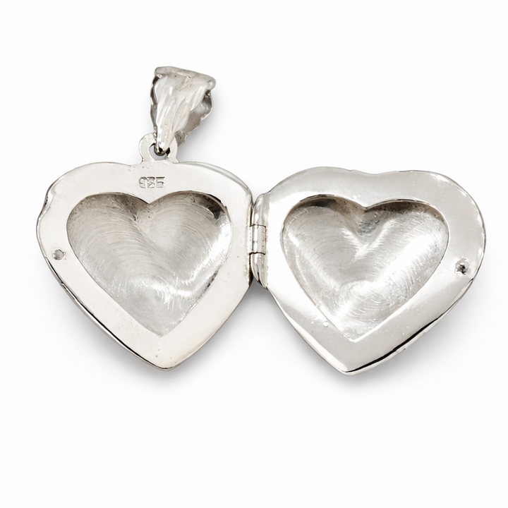 Vintage Sterling Silver Heart Locket Pendant 1.25" with Bail – Engraved Floral Design Photo Locket Necklace Charm 925 Silver Jewelry Gift