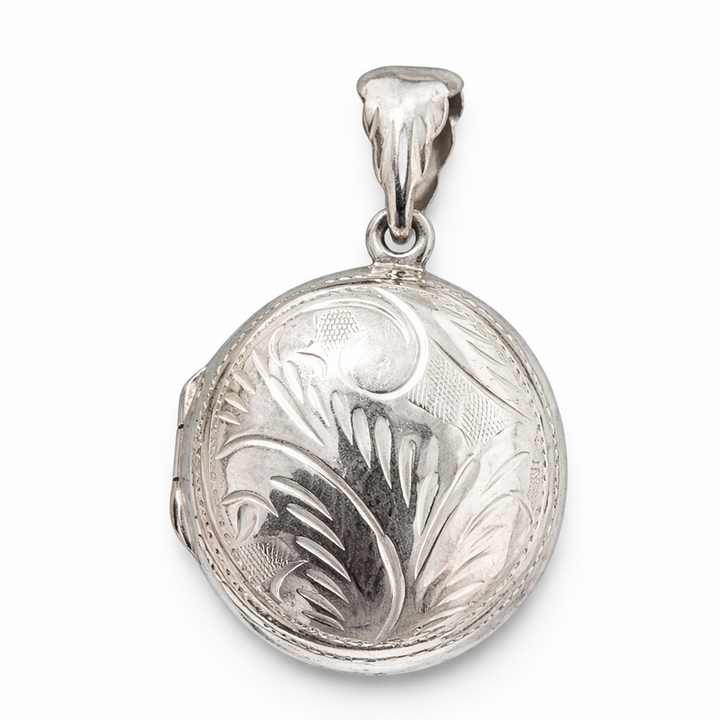 Sterling Silver Oval Locket Pendant – 1.35 Inch Engraved Floral Locket with Bail