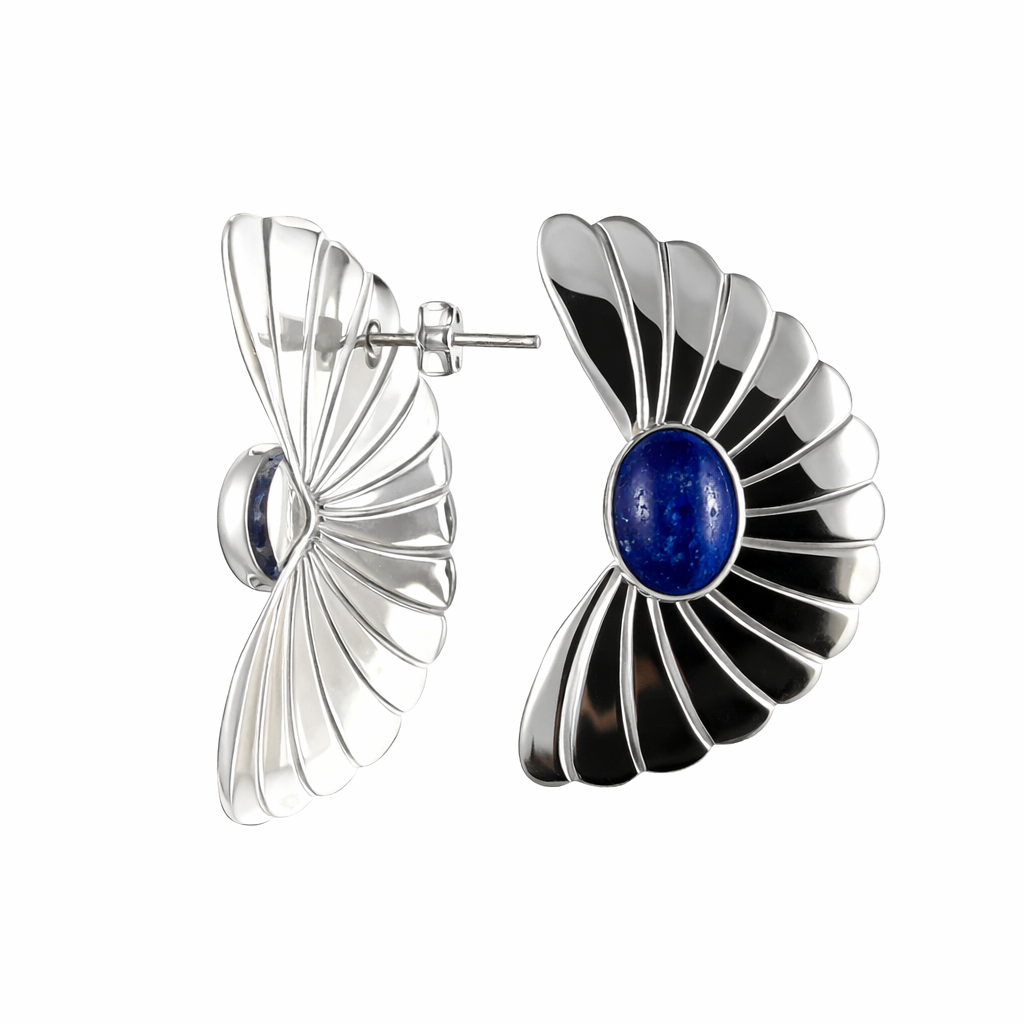 Sterling Silver Lapis Lazuli Fan Earrings .925 Silver Blue Lapis Statement Earrings 1.5" x 1"