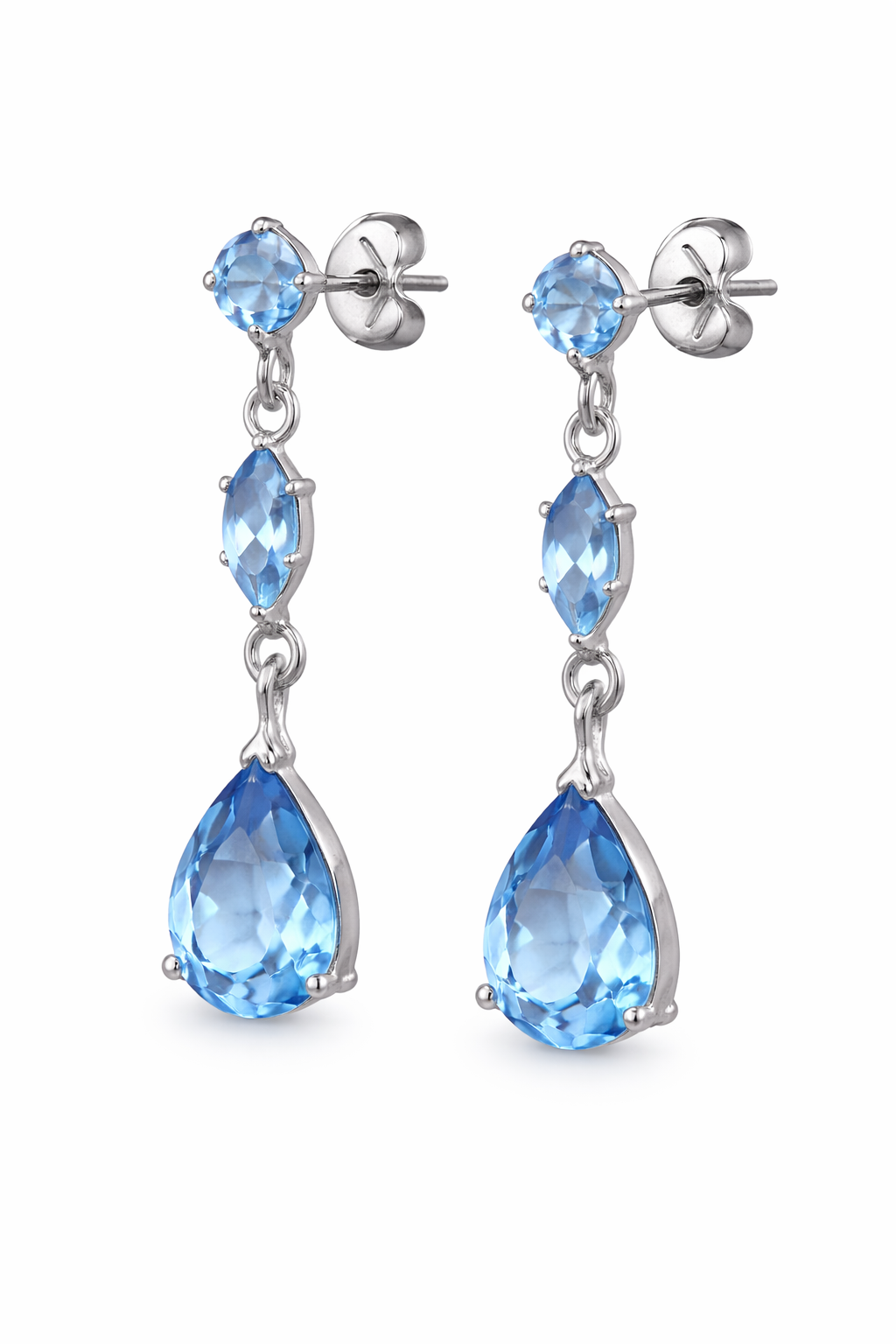 Sterling Silver Sky Blue Topaz Three-Stone Dangle Earrings – Pear, Marquise & Round Cut – 1.25 Inch Drop
