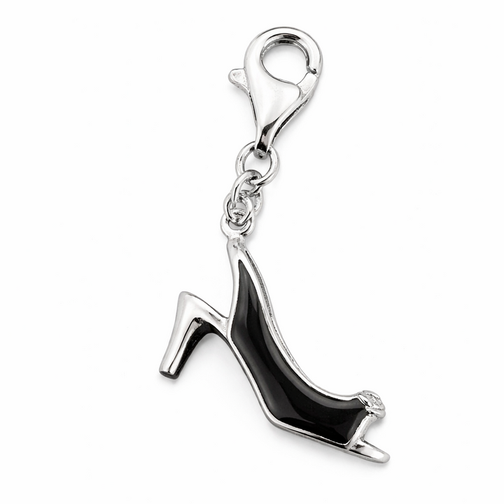 Sterling Silver High Heel Shoe Charm with Clasp – 1.15 Inch Drop Black Enamel Stiletto Pendant
