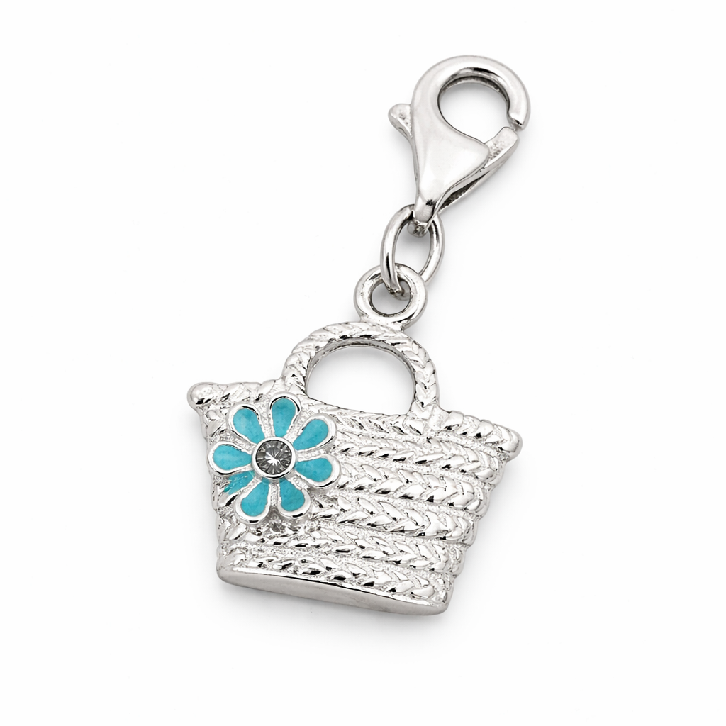Sterling Silver Woven Tote Charm Pendant – 1 Inch Drop with Bail – Turquoise Flower Basket Jewelry