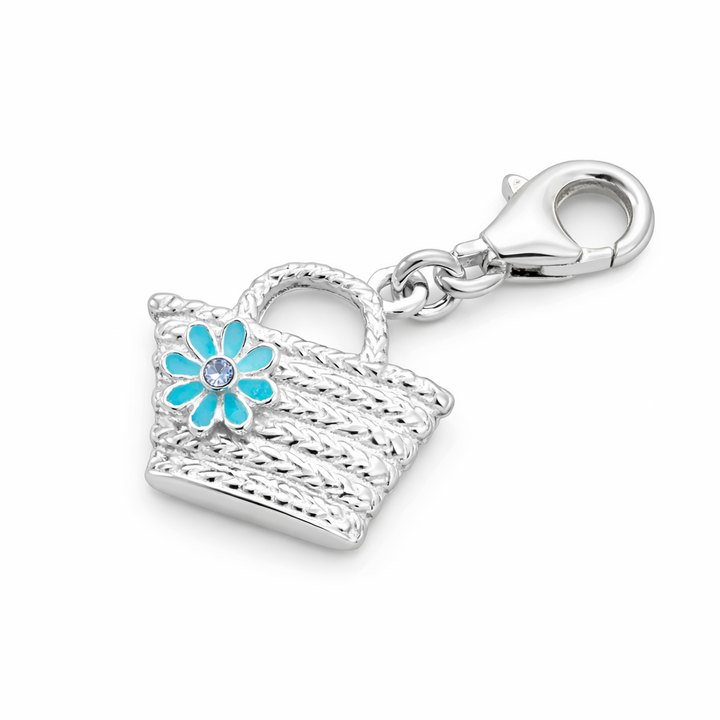 Sterling Silver Woven Tote Charm Pendant – 1 Inch Drop with Bail – Turquoise Flower Basket Jewelry