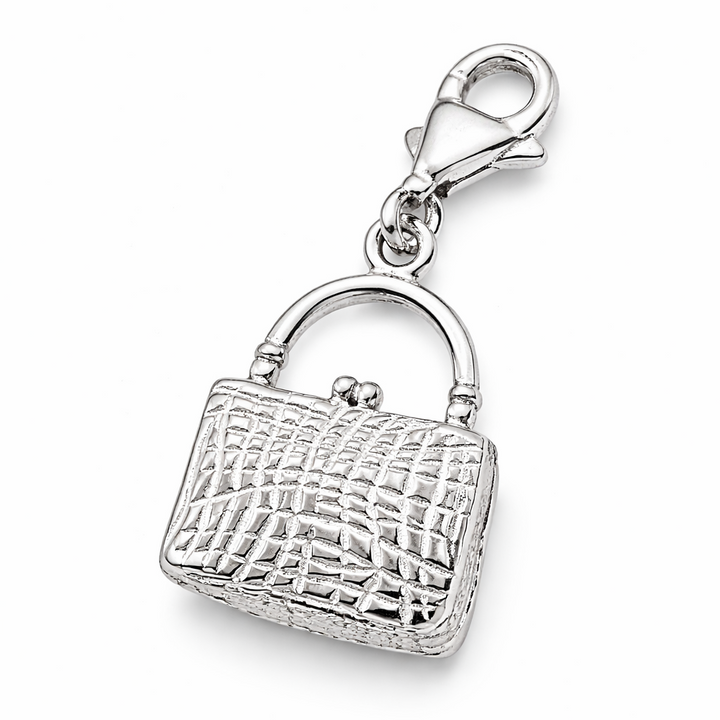 Sterling Silver Handbag Pendant Charm – 1.25 Inch Drop with Bail – Textured Purse Design – Polished Silver Jewelry Charm