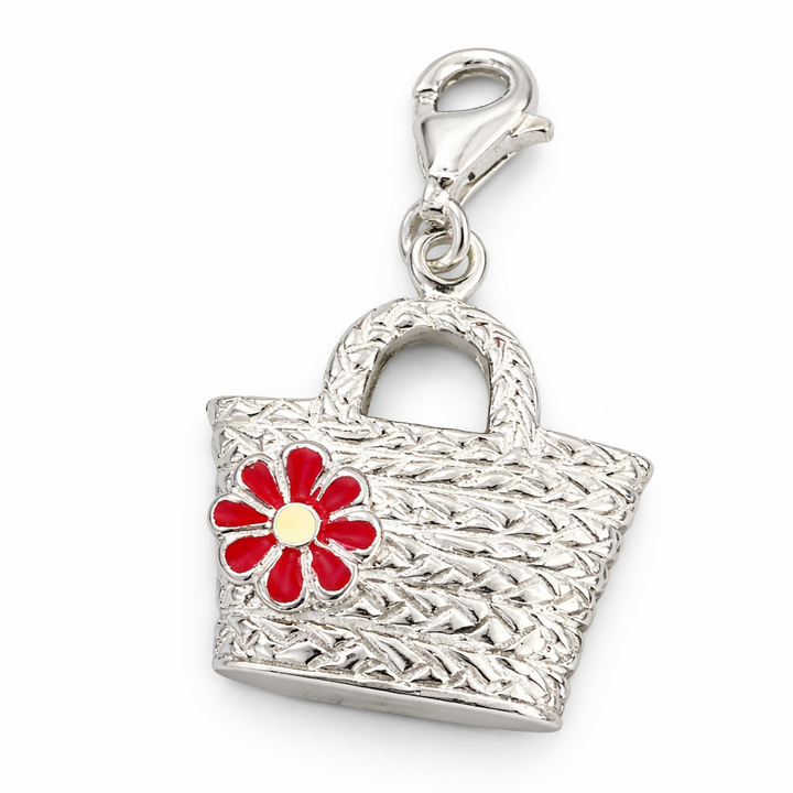 Sterling Silver Woven Handbag Charm with Red Enamel Flower – 1.5 Inch Drop with Bail – Heavy Purse Pendant – Textured Basket Style Jewelry Charm