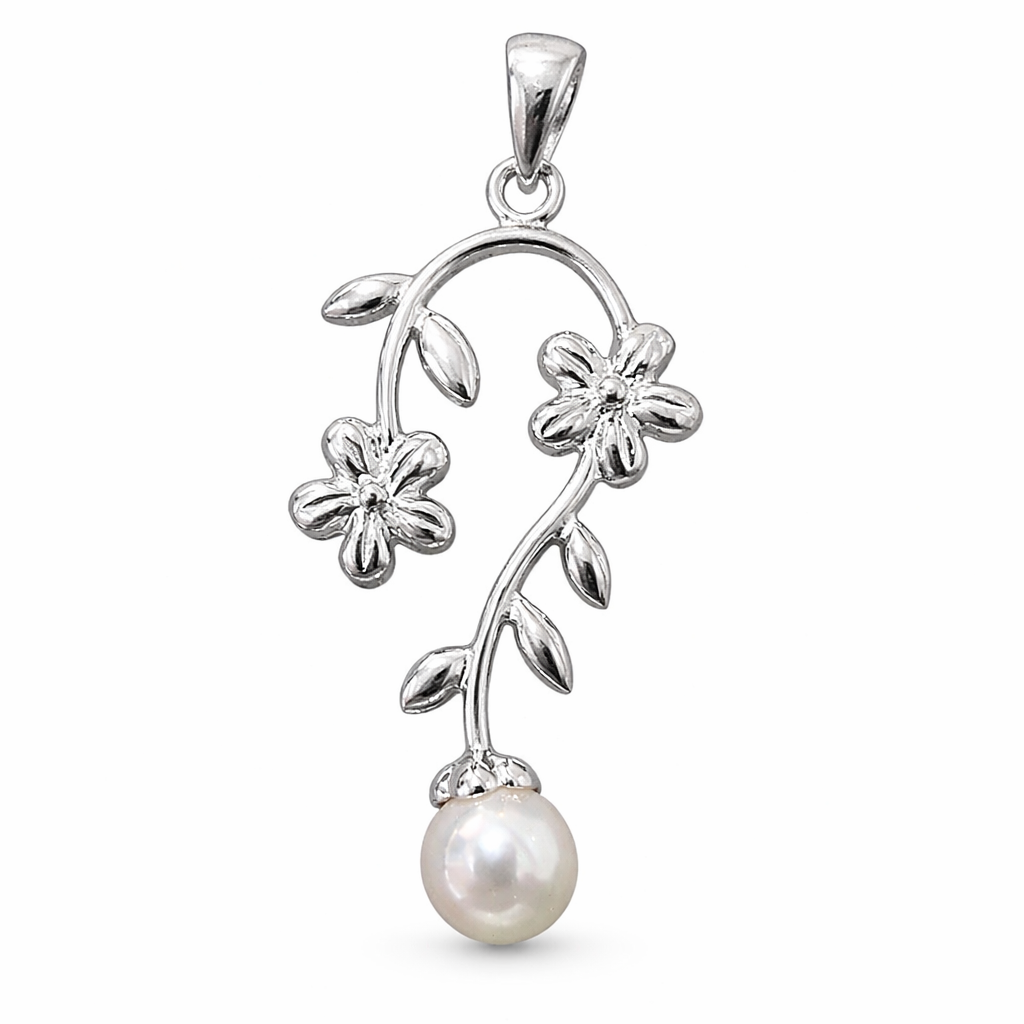Sterling Silver Floral Pearl Pendant Necklace – 6.5mm Simulated Pearl – 1.6 Inch Drop – Elegant Vine & Flower Design