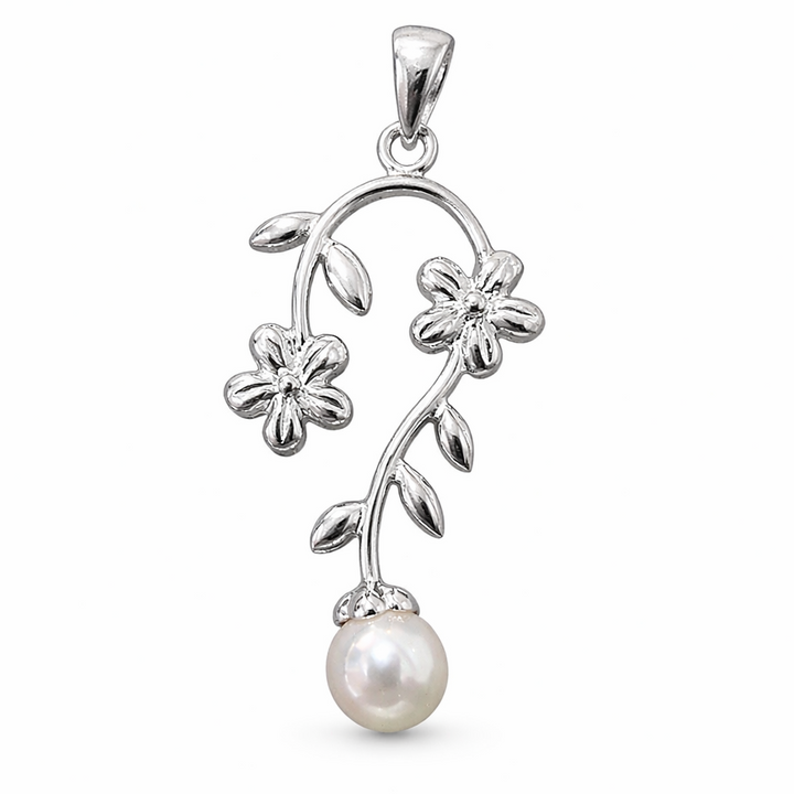 Sterling Silver Floral Pearl Pendant Necklace – 6.5mm Simulated Pearl – 1.6 Inch Drop – Elegant Vine & Flower Design
