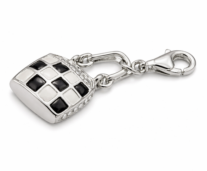 Sterling Silver Handbag Charm Pendant with Clasp – 1.1 Inch Drop Black & White Enamel