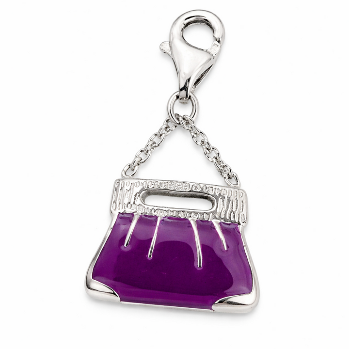 Sterling Silver Purple Enamel Handbag Charm with Clasp – 1 Inch Drop CZ Accent