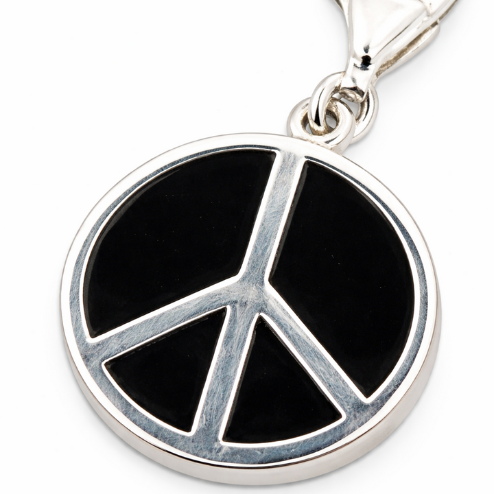 1.55 Inch Peace Sign Charm with Clasp – Solid Sterling Silver Black Enamel Dangle Charm for Bracelets & Necklaces
