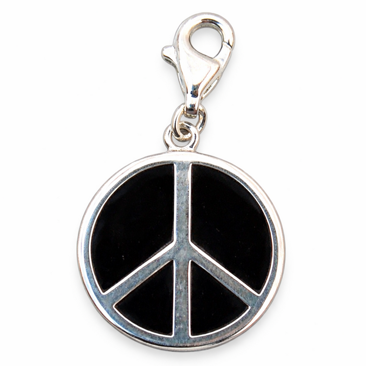 1.55 Inch Peace Sign Charm with Clasp – Solid Sterling Silver Black Enamel Dangle Charm for Bracelets & Necklaces
