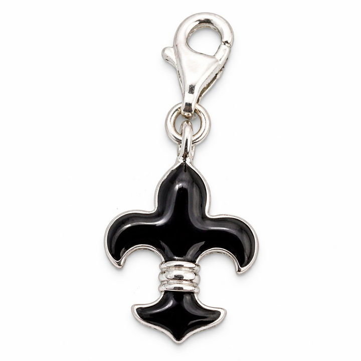 1.22 Inch Fleur-de-Lis Charm with Clasp – Sterling Silver Black Enamel Dangle Charm for Bracelets & Necklaces