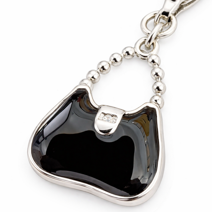 1.05 Inch Handbag Charm with Clasp – Sterling Silver Black Enamel Purse Dangle Charm for Bracelets & Necklaces