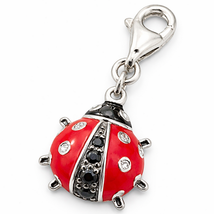1.1 Inch Ladybug Charm with Clasp – Sterling Silver Red Enamel & CZ Dangle Charm for Bracelets & Necklaces