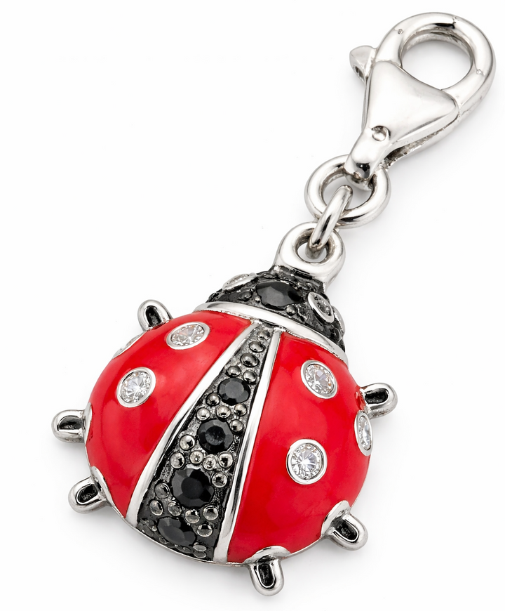 1.1 Inch Ladybug Charm with Clasp – Sterling Silver Red Enamel & CZ Dangle Charm for Bracelets & Necklaces