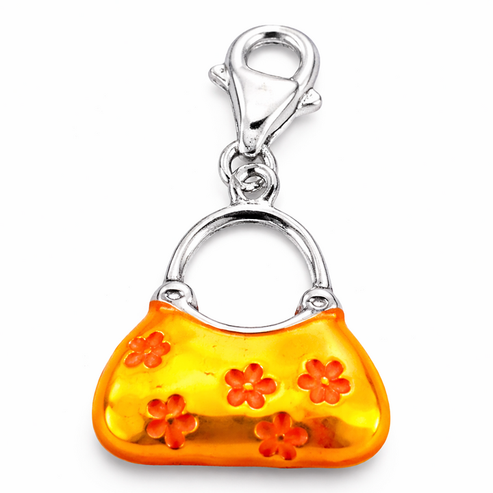 1.2 Inch Orange Handbag Charm with Clasp – Sterling Silver Enamel Floral Purse Dangle Charm for Bracelets & Necklaces