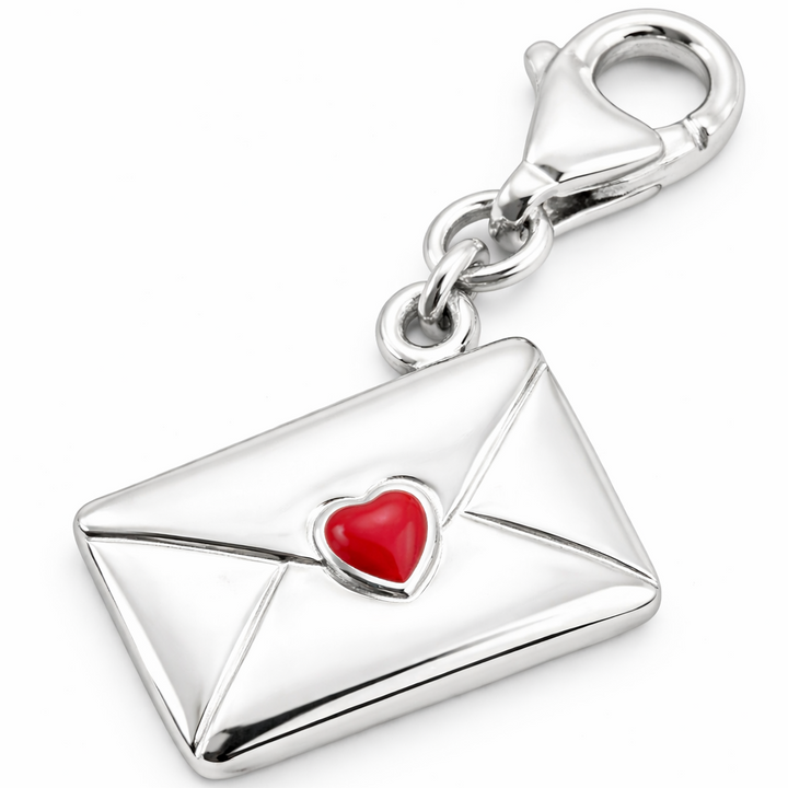 1.15 Inch Envelope Charm with Clasp – Sterling Silver Love Letter Dangle Charm with Red Heart Accent for Bracelets & Necklaces