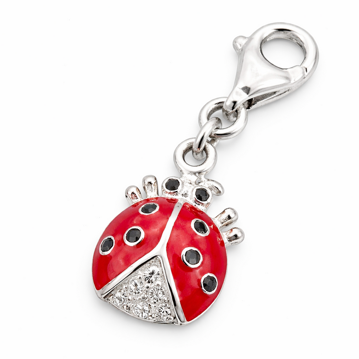 1 Inch Ladybug Charm with Clasp – Sterling Silver Red Enamel & CZ Dangle Charm for Bracelets & Necklaces