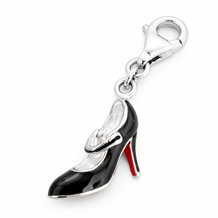 1.25 Inch High Heel Shoe Charm with Clasp – Sterling Silver Black Enamel Stiletto with Red Sole Dangle Charm