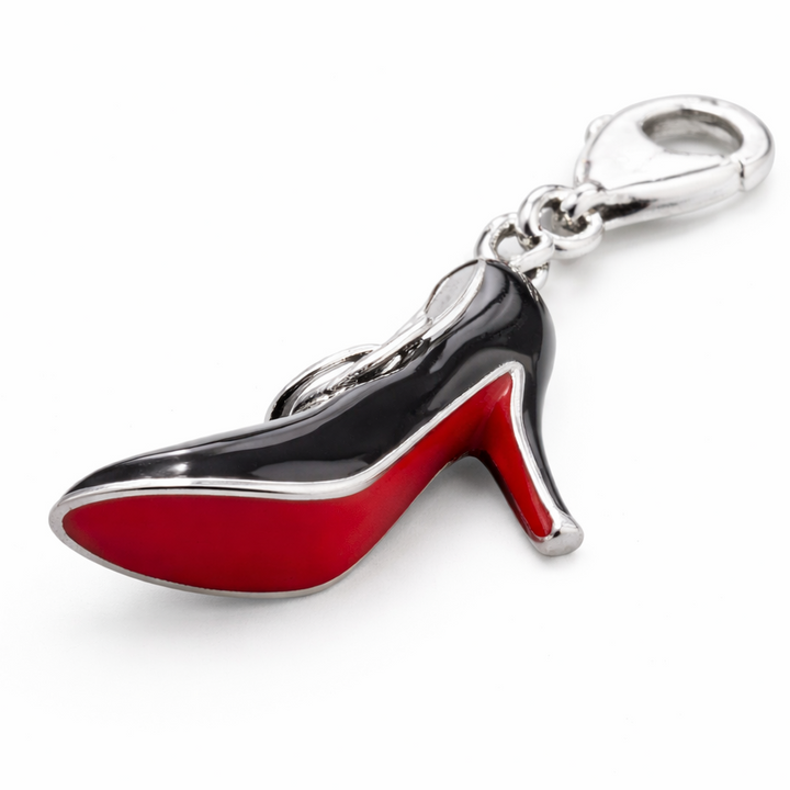 1.25 Inch High Heel Shoe Charm with Clasp – Sterling Silver Black Enamel Stiletto with Red Sole Dangle Charm