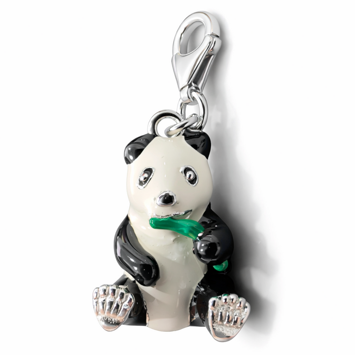 Sterling Silver Panda Charm Pendant with Lobster Clasp – 1.1 Inch Drop with Bail – Black White Enamel Panda Bear Charm with Bamboo
