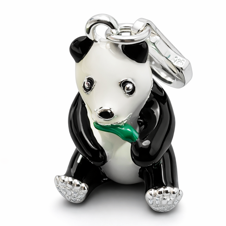 Sterling Silver Panda Charm Pendant with Lobster Clasp – 1.1 Inch Drop with Bail – Black White Enamel Panda Bear Charm with Bamboo