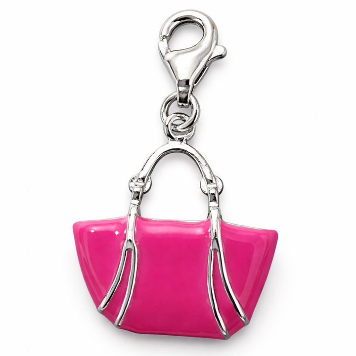 Sterling Silver Pink Madison Avenue Pink Handbag Charm with Clasp – 1.15" Drop Enamel Purse Pendant