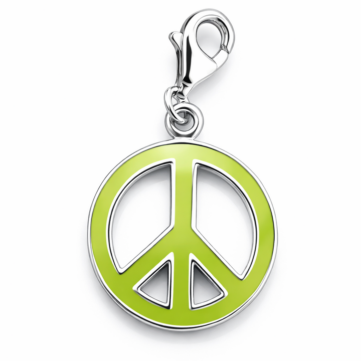 Sterling Silver Peace Sign Charm Pendant with Clasp – 1.2 Inch Drop, Green Enamel Dangle Charm