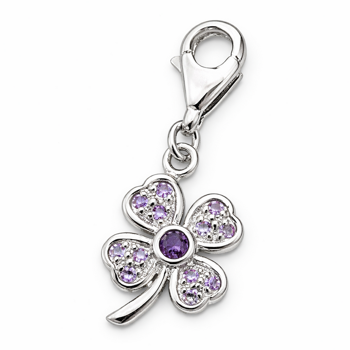 Sterling Silver Four Leaf Clover Charm Pendant 1.3 Inch with Clasp – Purple Crystal Shamrock Jewelry, Lucky Clover Charm, Bracelet or Necklace Pendant Gift for Her