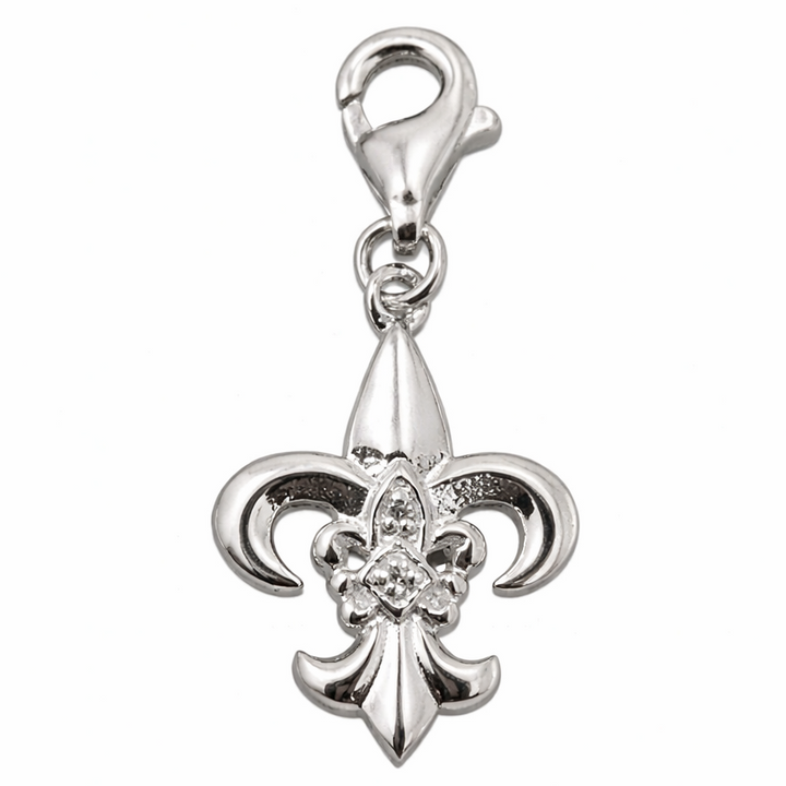 Sterling Silver Fleur De Lis Charm Pendant 1.1 Inch with Bail – Polished Silver Jewelry Charm, CZ Accent Fleur-de-Lis Pendant, Bracelet or Necklace Charm